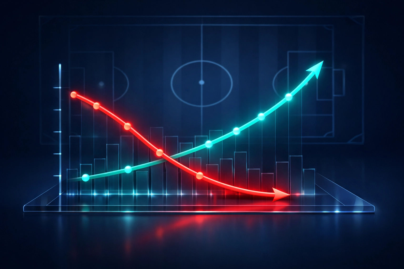 Data visualization comparing positive (+EV) and negative (-EV) expected value growth in football betting analytics.