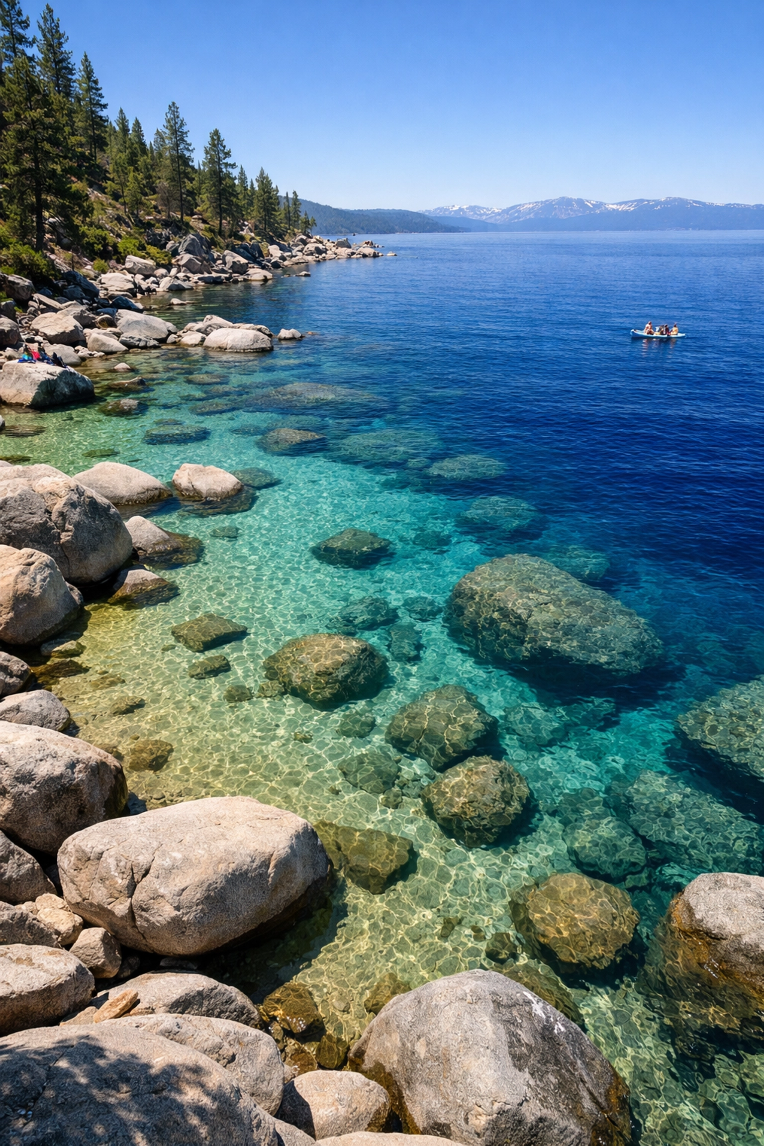 Vibrant turquoise water and smooth granite boulders at Secret Cove on the East Shore of Lake Tahoe.