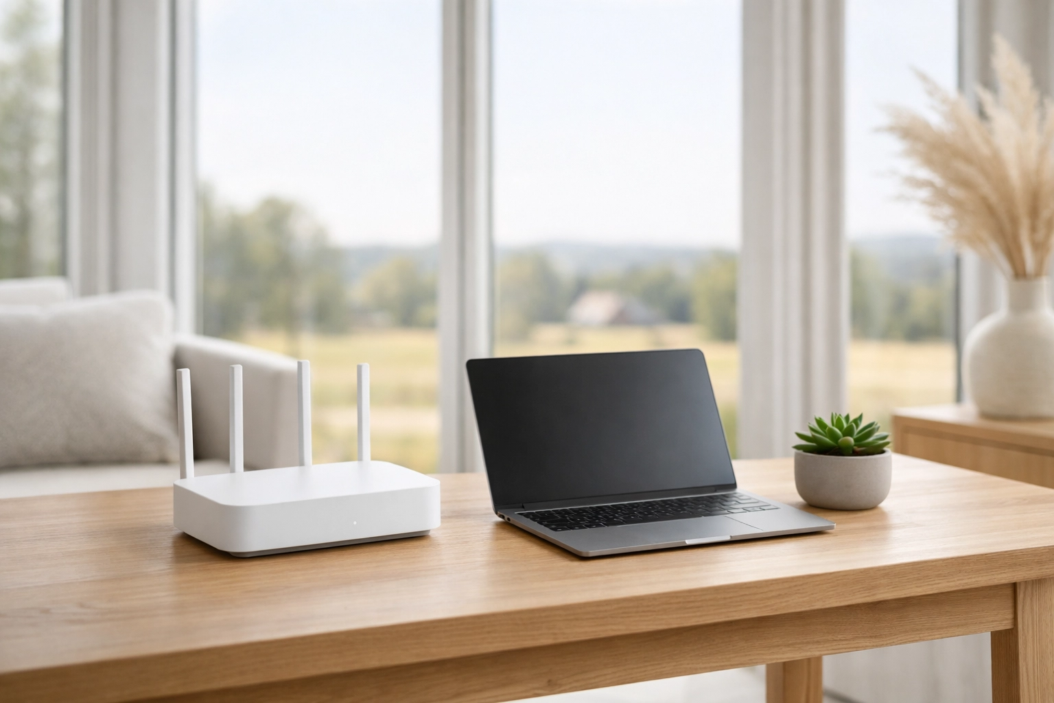 Modern Pittsboro home office with a wireless router providing reliable internet for remote work.