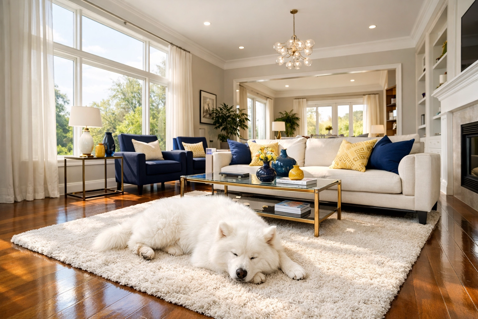 Clean living room with a white dog on a rug, showing the benefits of consistent weekly house cleaning.