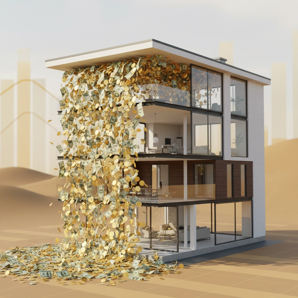 Modern house with money and gold coins cascading over the roof in a desert setting. Dramatic and surreal scene with warm tones.