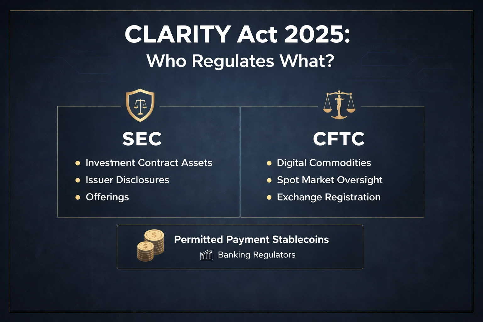 A detailed infographic showing the three-tier classification of digital assets under the CLARITY Act