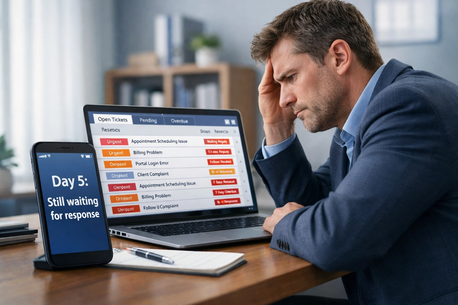 Switching Billing Partners? 5 Red Flags to Watch for Before You Sign Therapy clinic manager frustrated waiting for billing support response from ticketing system