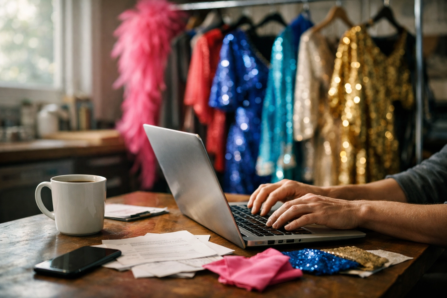 Drag performer working on laptop with colorful costumes in background, balancing everyday life