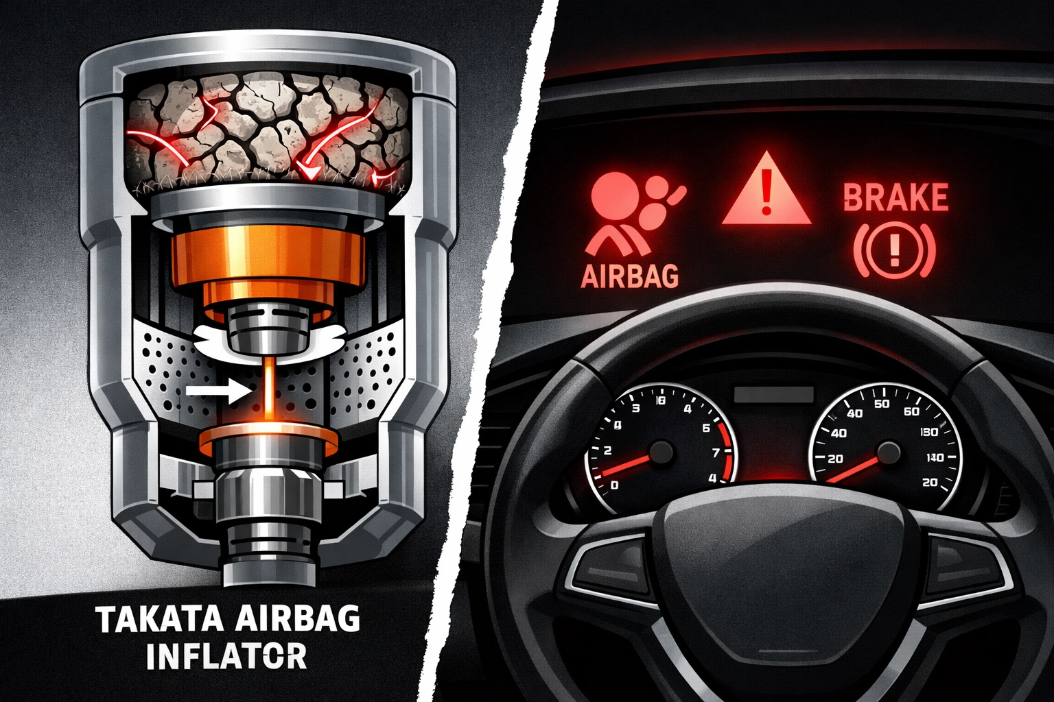 Defective Takata airbag inflator diagram showing safety hazards and dashboard warning indicators