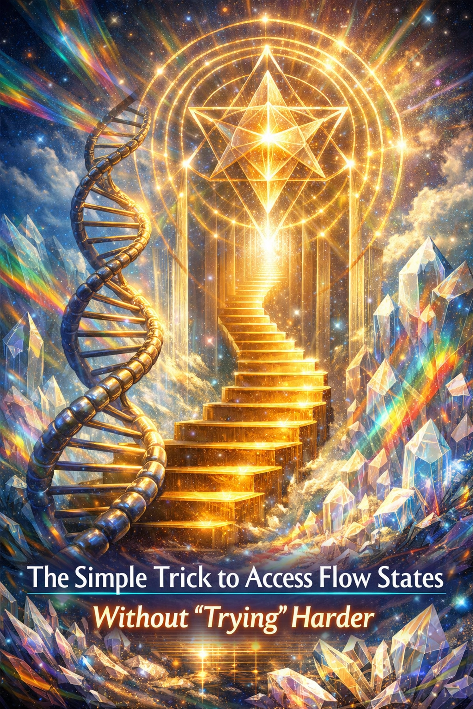 Golden DNA staircase through sacred geometry representing deep healing and nervous system evolution.