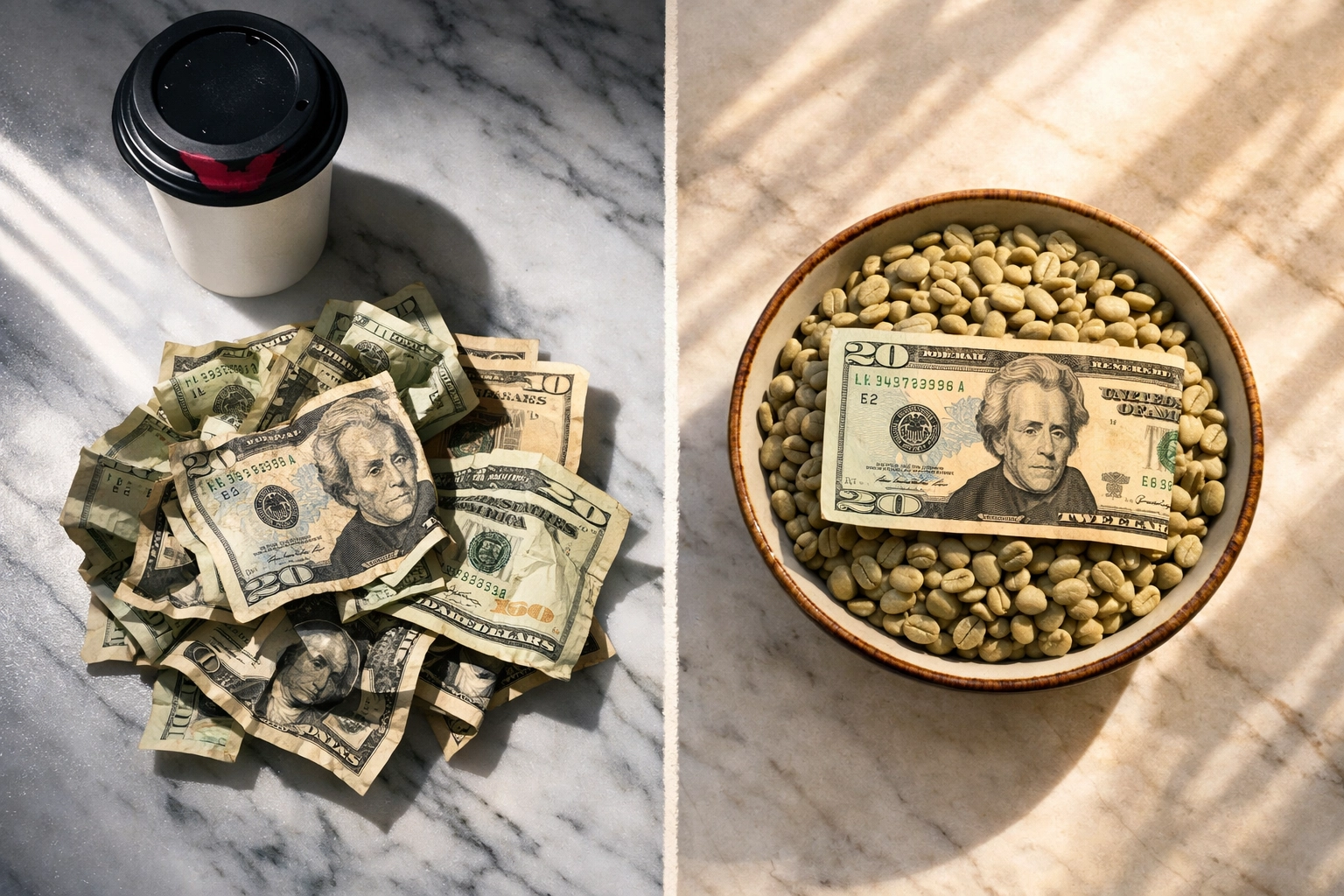 Cost comparison: café coffee expenses versus fresh green coffee bean savings