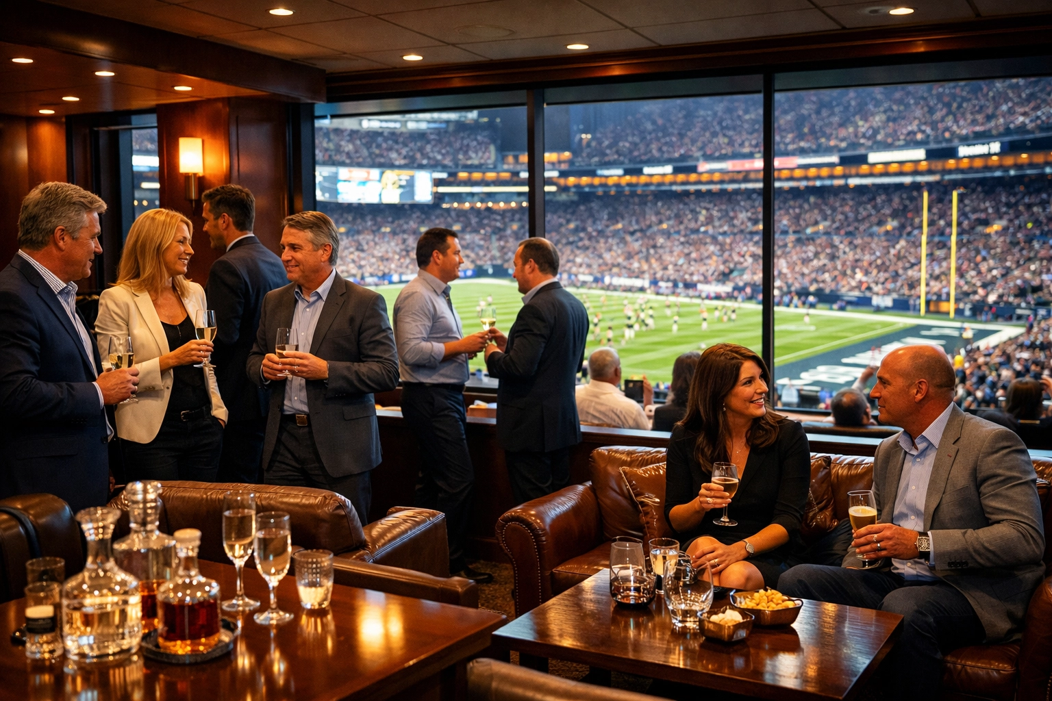 Premium Super Bowl corporate hospitality suite with executives networking and stadium field views