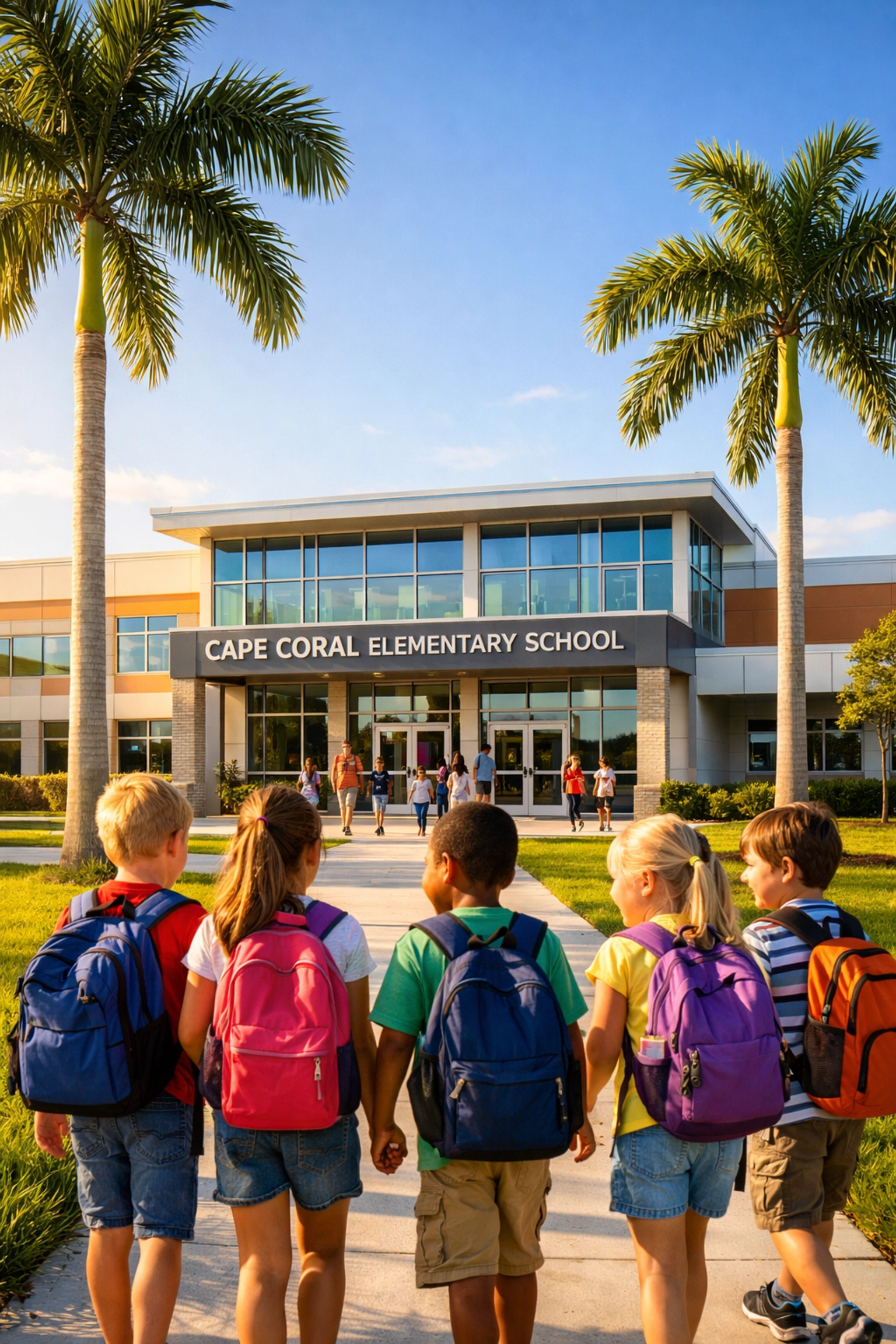 Modern elementary school building in Cape Coral Florida with children walking to class on a sunny morning.