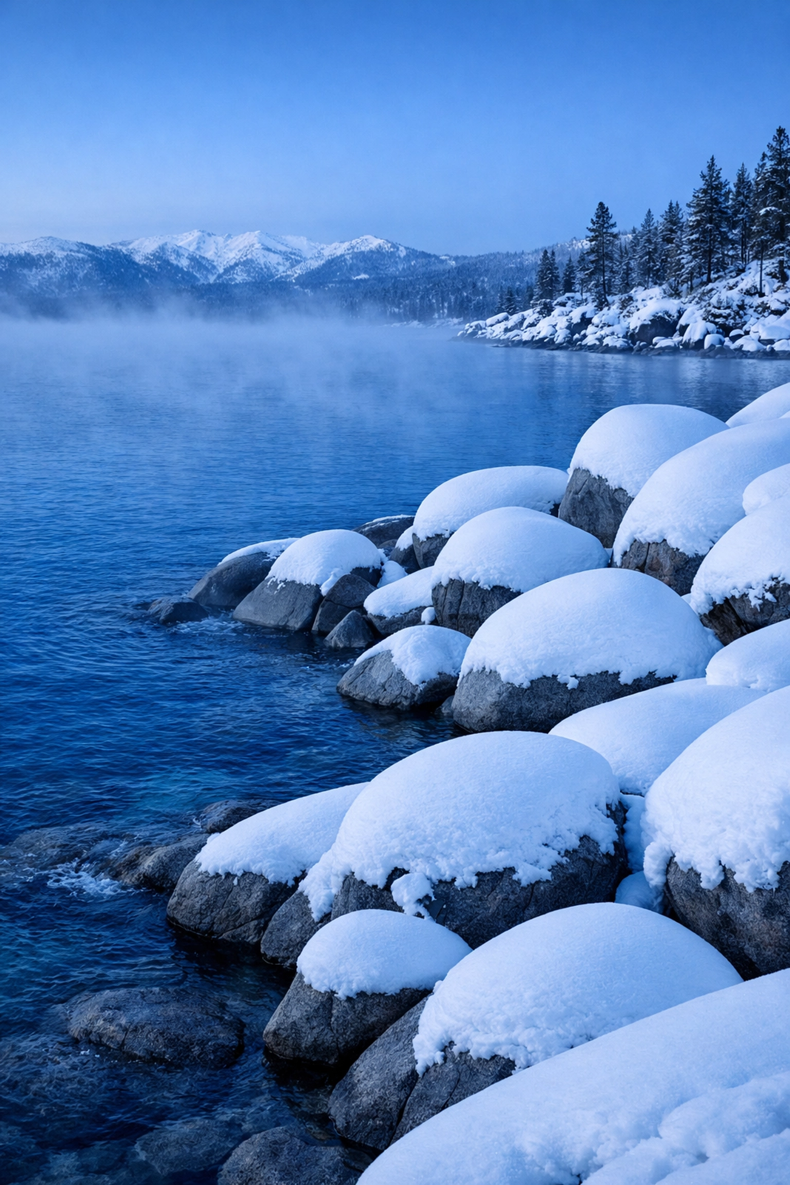 Winter landscape photography of snow-covered granite boulders on the East Shore of Lake Tahoe at blue hour.