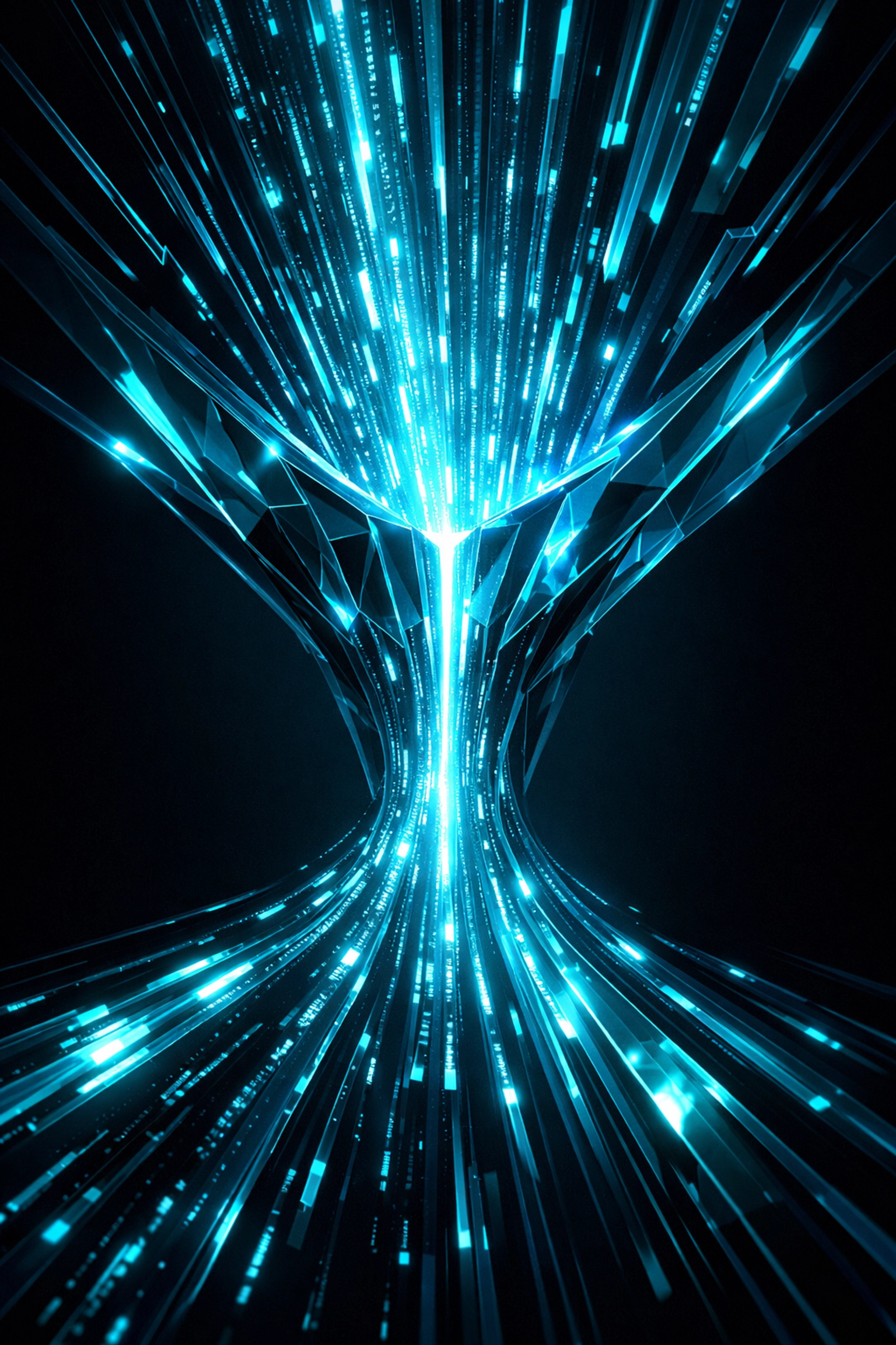 Visual representation of a software QA bottleneck with digital data streams entering a narrow funnel.