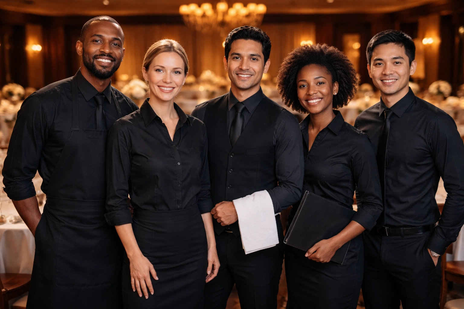 Diverse professional event staff for hire, smiling in a decorated banquet hall, demonstrating reliable event staffing services