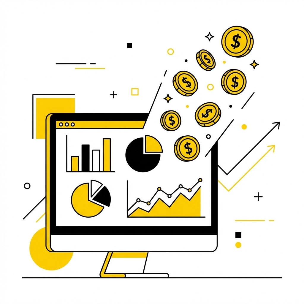 Computer screen with graphs and charts, coins flying out, symbolizing profit. Yellow, black, and white color scheme, arrows in background.
