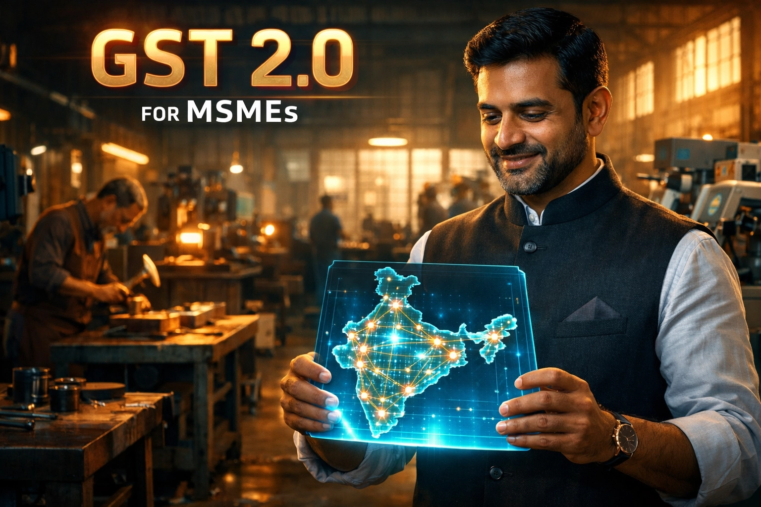 Indian entrepreneur using a digital tablet to manage business operations under new GST 2.0 tax slabs.