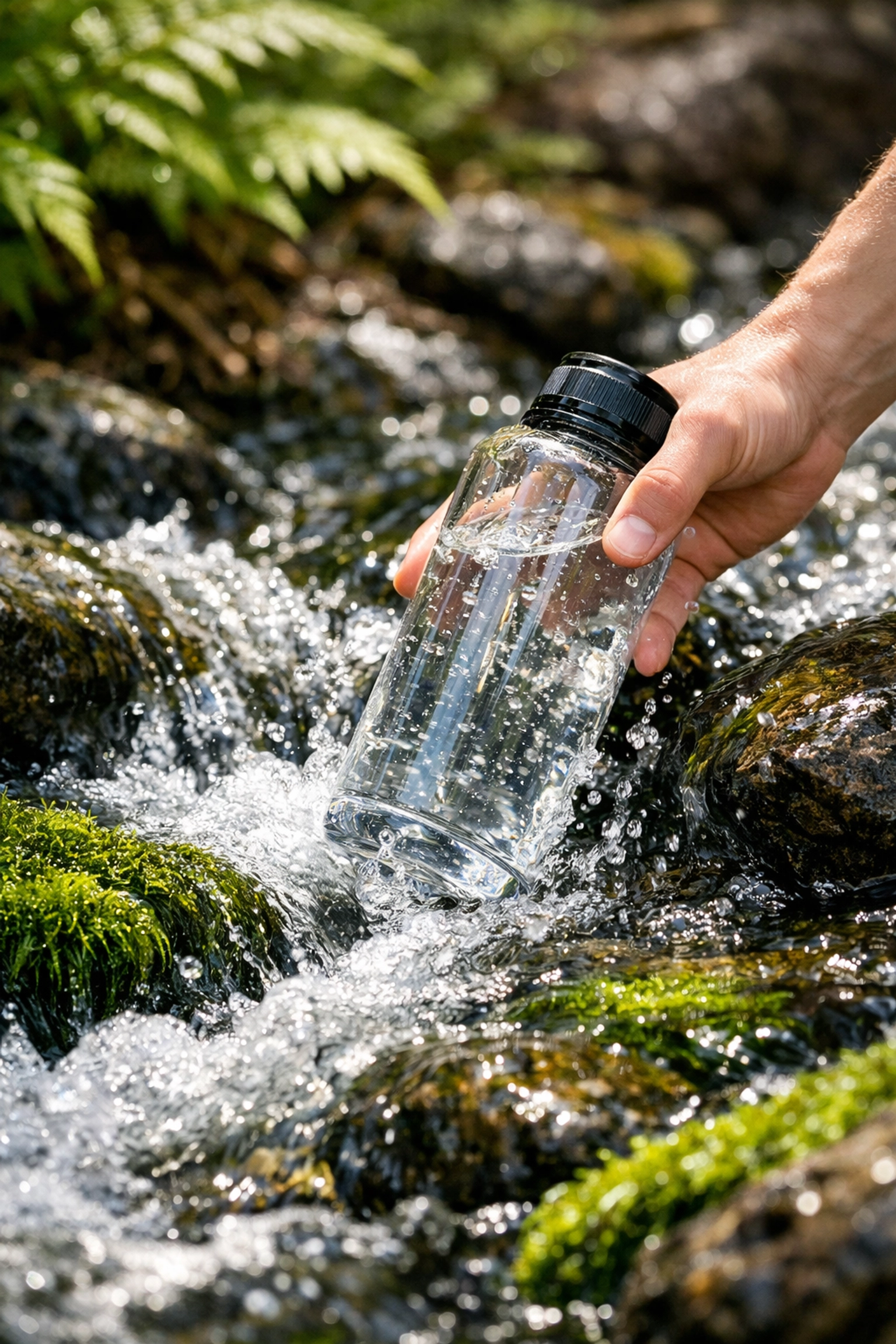 Collecting water from a clear mountain stream for purification during a UK wild camping survival trip.