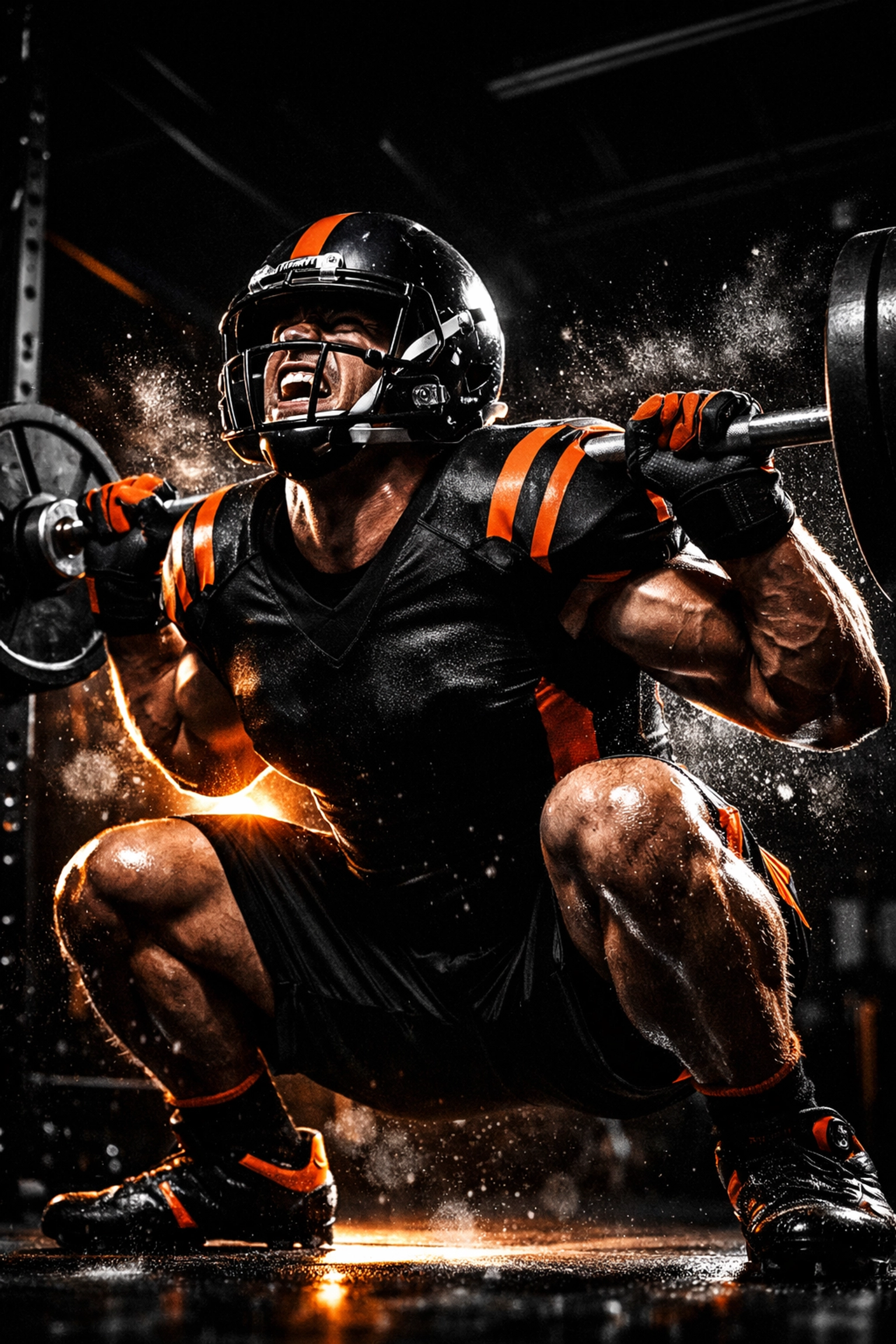 Football athlete exploding from a deep squat to maximize power and store kinetic energy during training.
