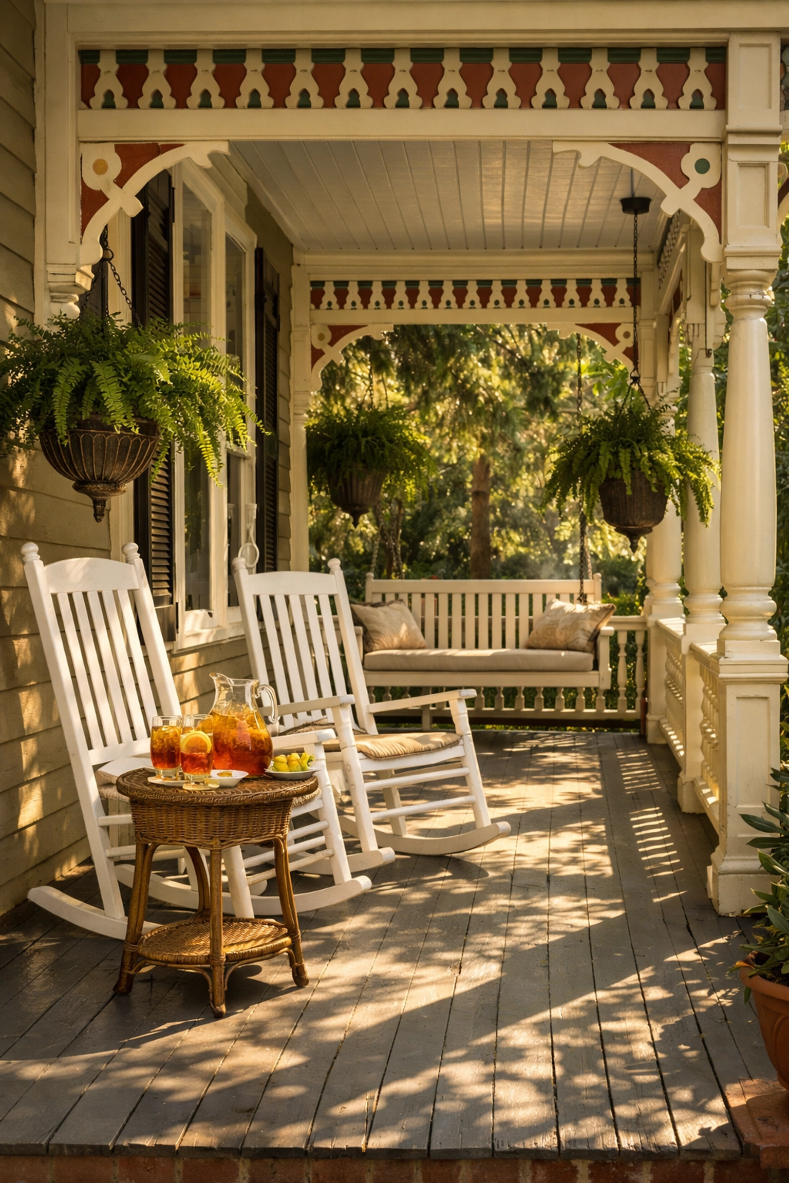 Classic Southern front porch with rocking chairs on historic Summerville home
