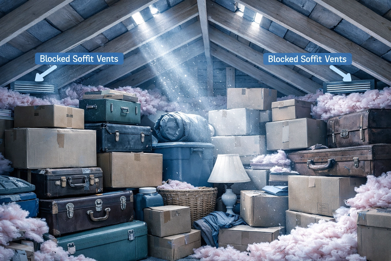 Cluttered loft storage blocking ventilation and airflow causing damp problems