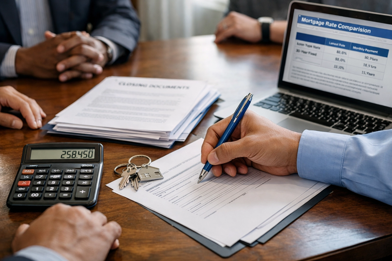 Homebuyer signing mortgage documents at closing table in Las Vegas
