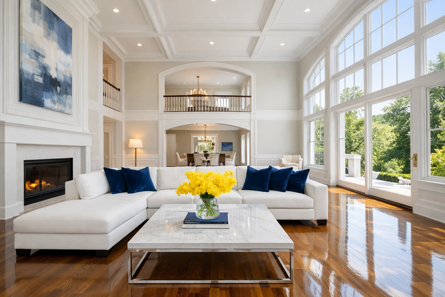 Professional house cleaning service in Wellesley MA keeping a luxury living room spotless.