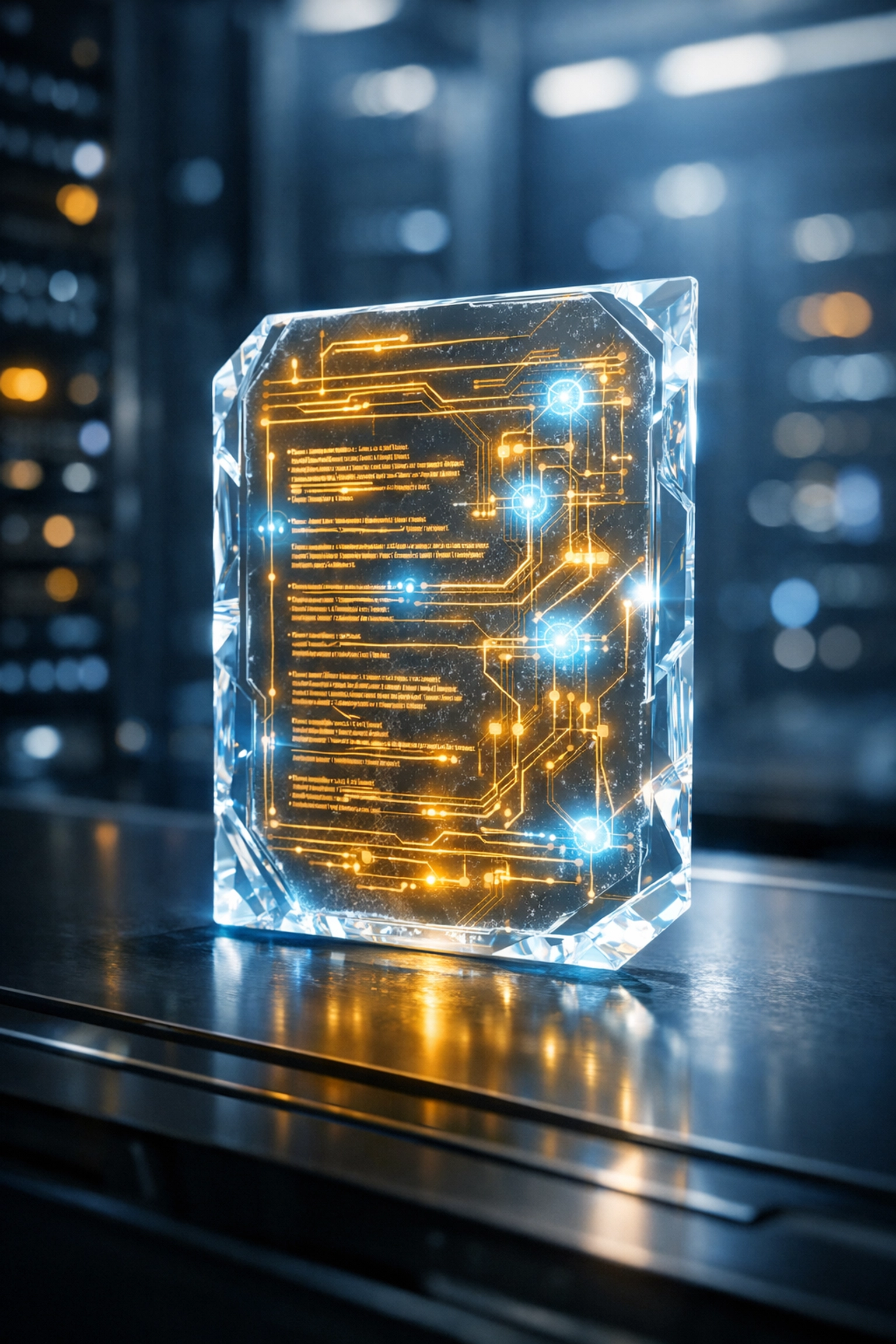 A futuristic glowing digital record representing immutable NFT receipts for Larecoin.ai Web3 business payments.