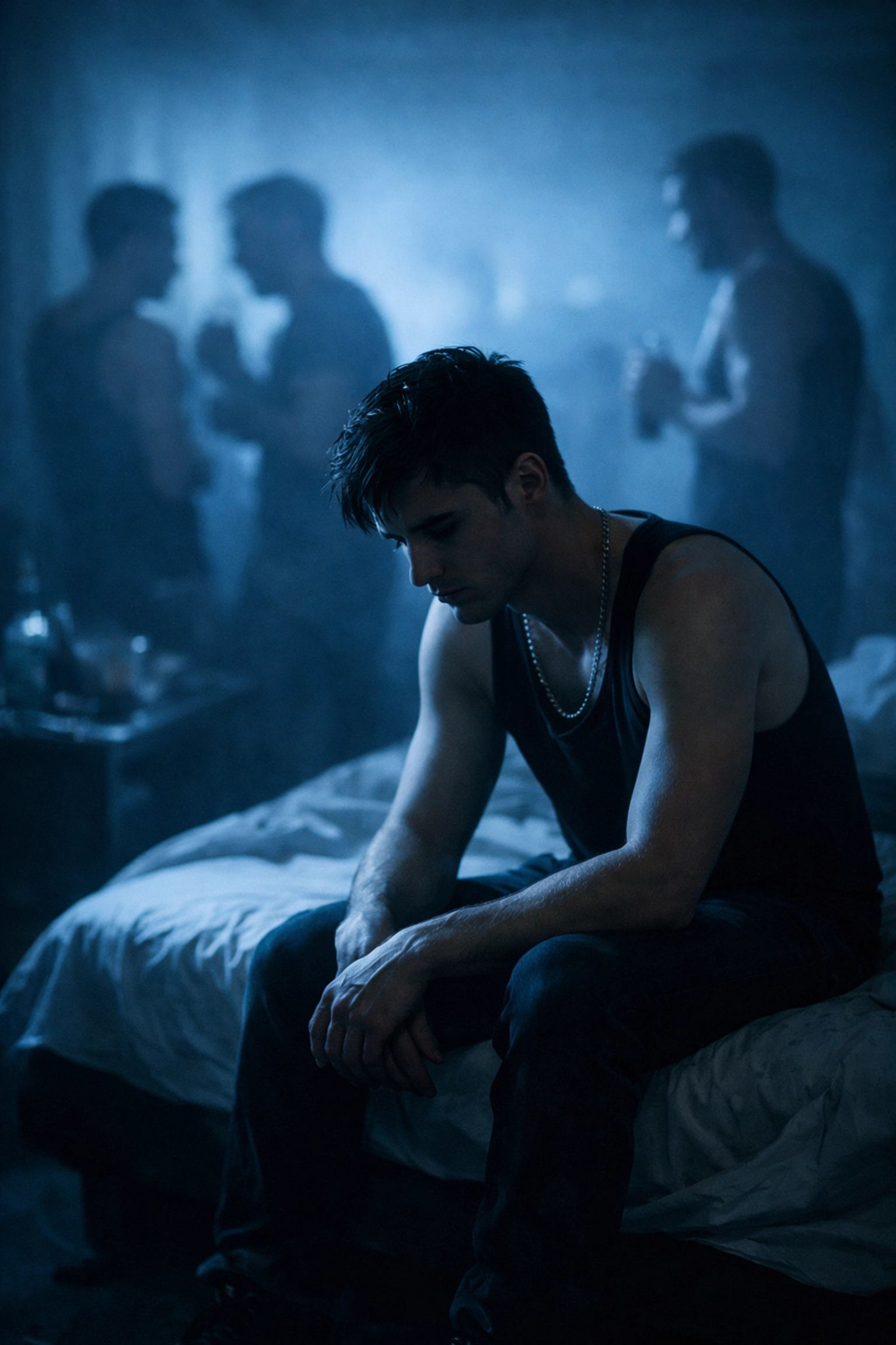 An isolated gay man sitting on a bed edge, depicting the psychological toll of the group scene.