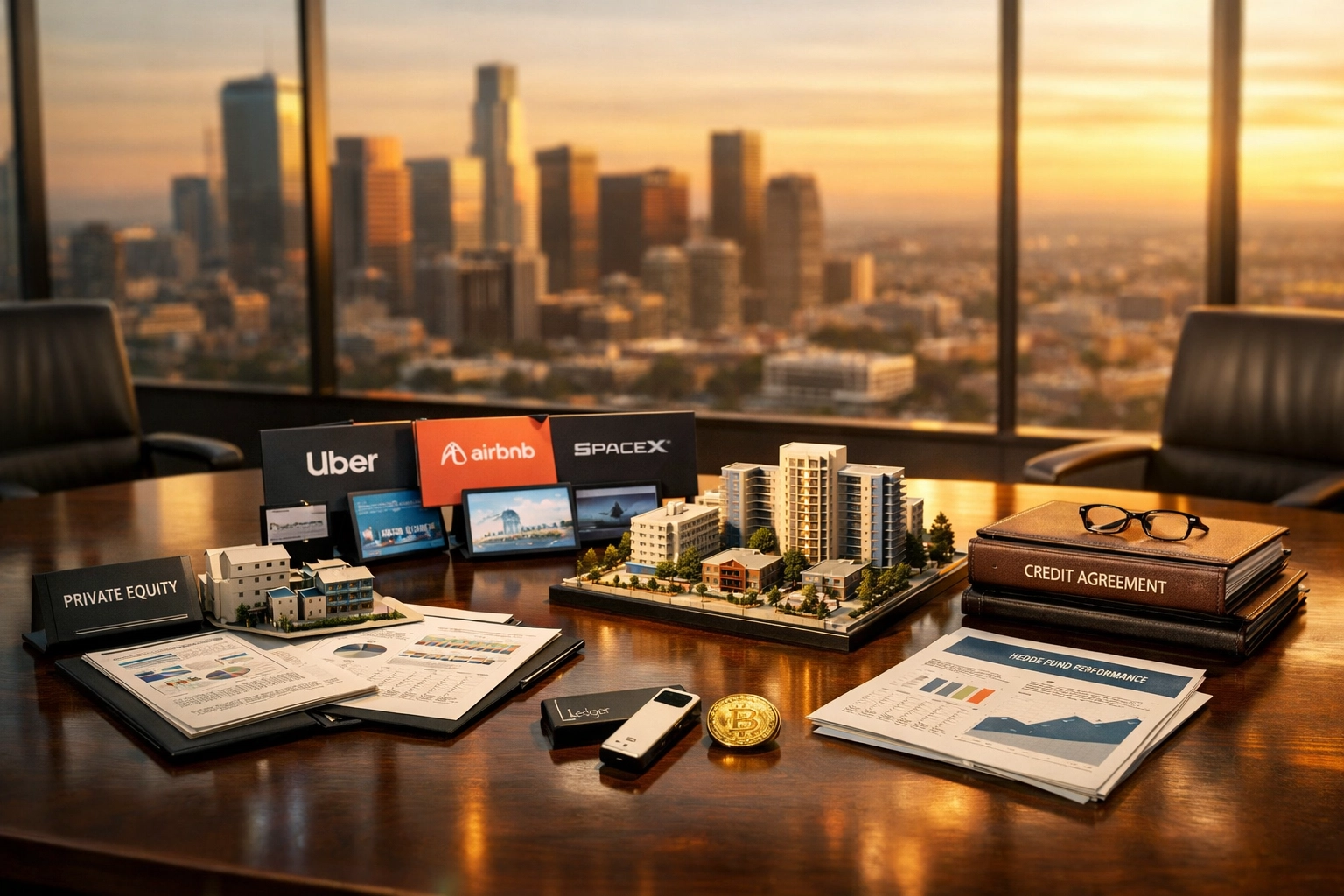 Alternative investment categories displayed in boardroom including private equity and crypto assets