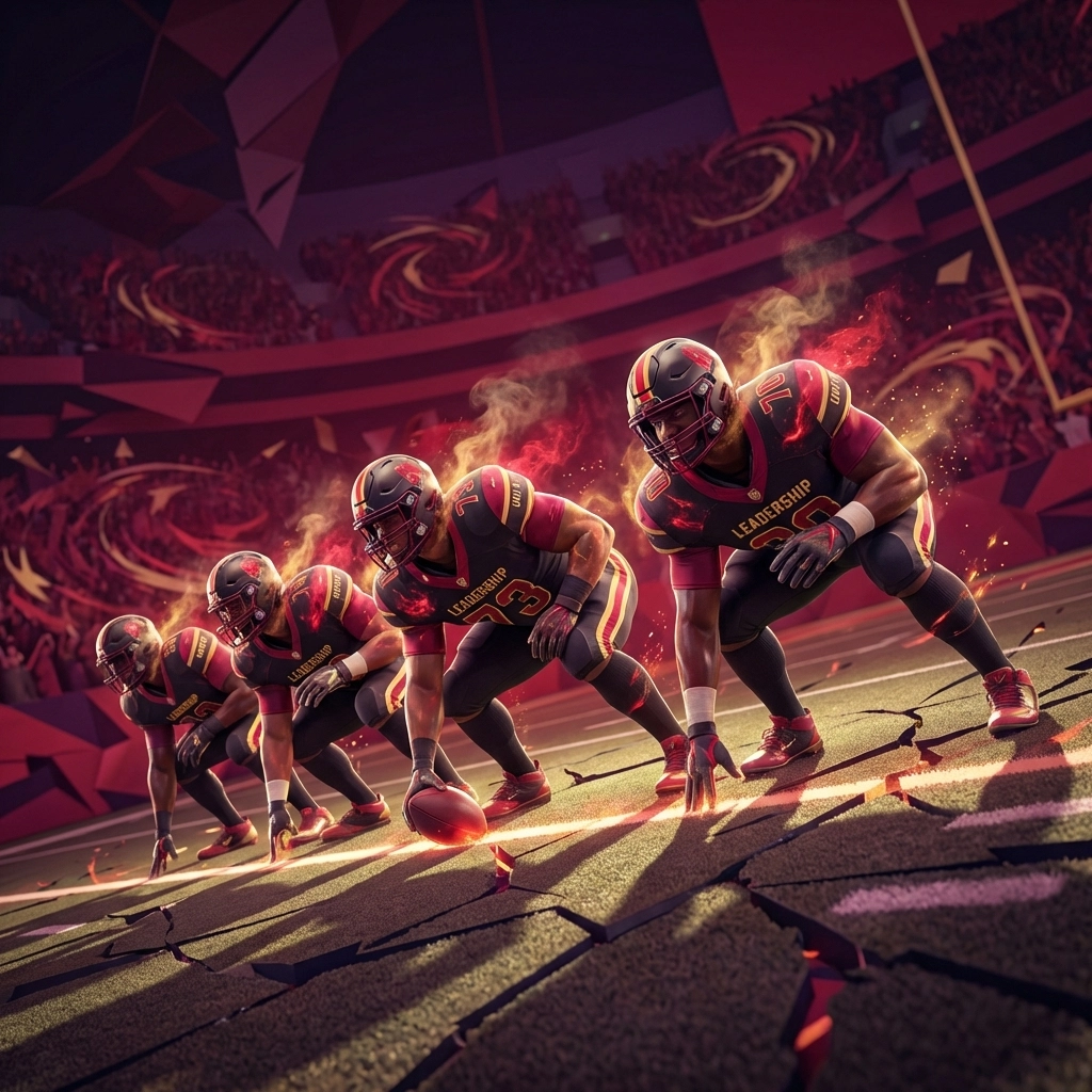 Offensive line formation in black and red uniforms at the line of scrimmage, highlighting unity, leadership, and power