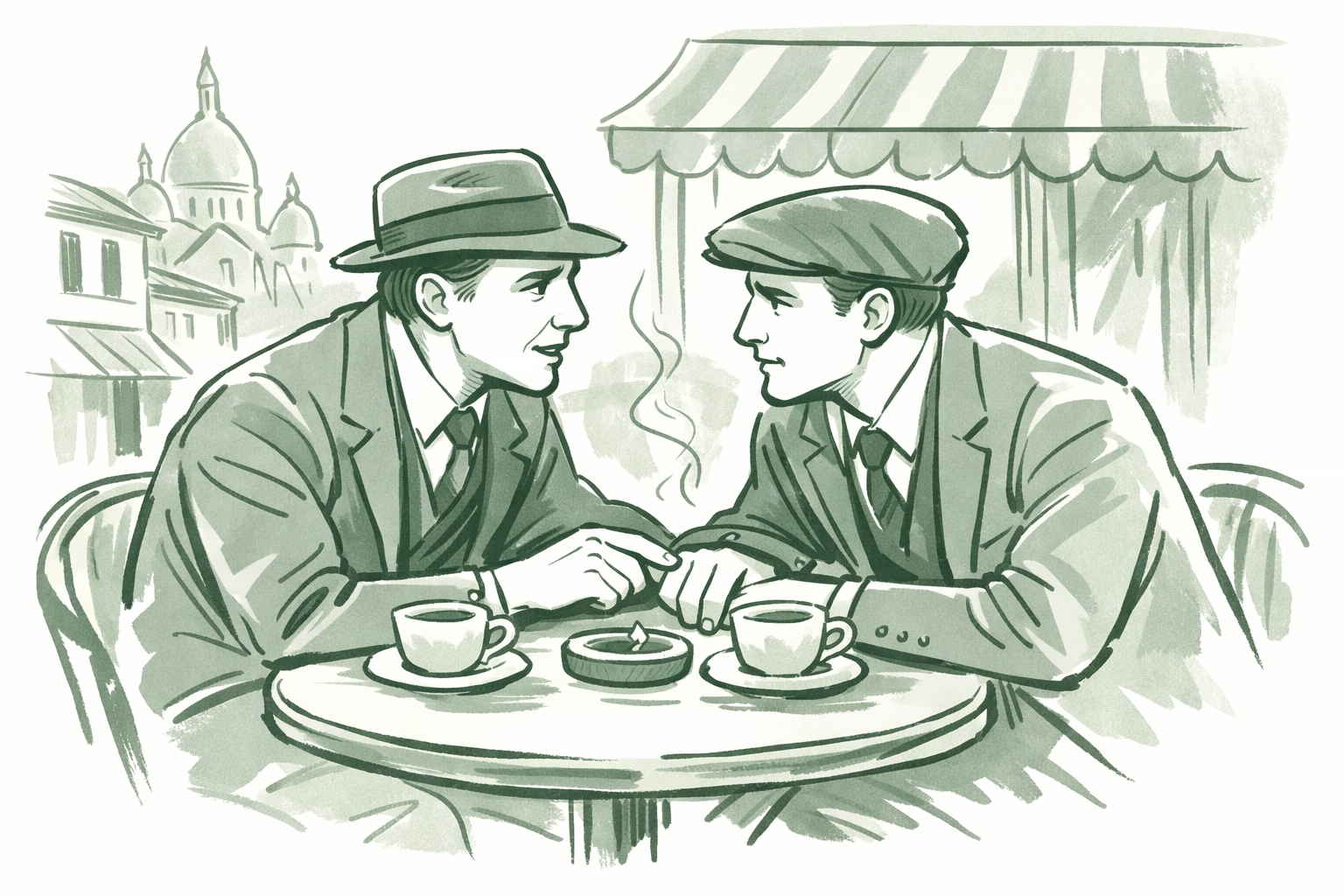 Two men connecting over coffee at 1920s Paris café in Montmartre gay scene