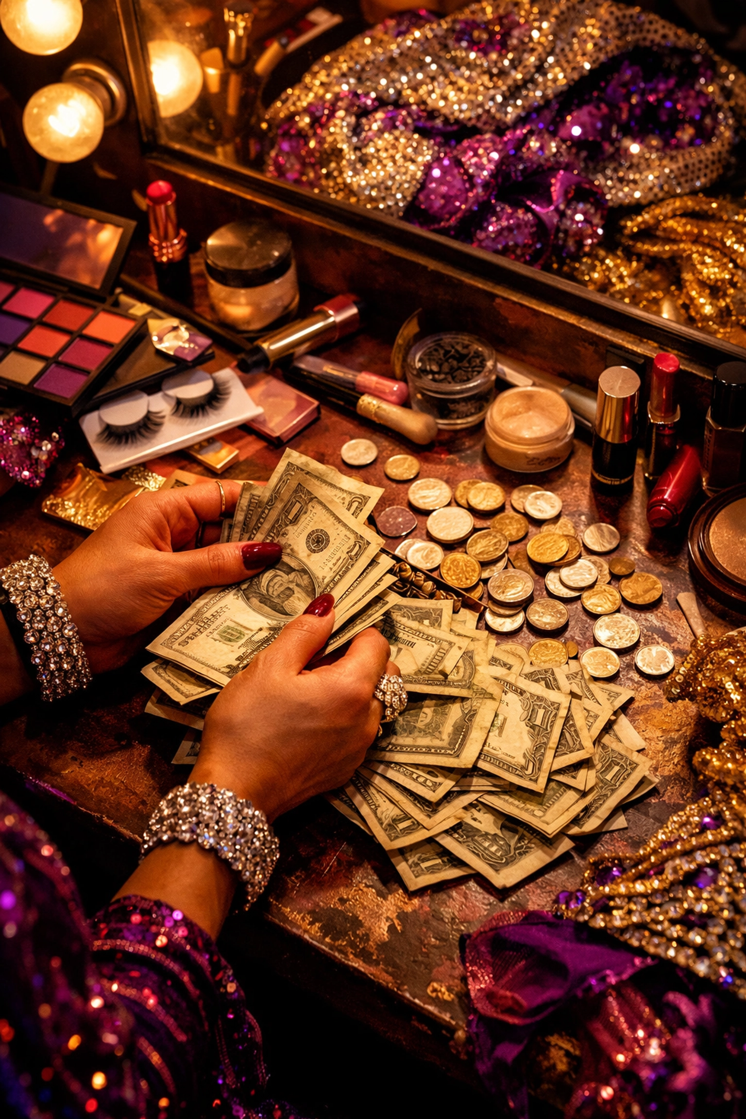 Drag queen counting tips and money on dressing room table surrounded by makeup and costumes