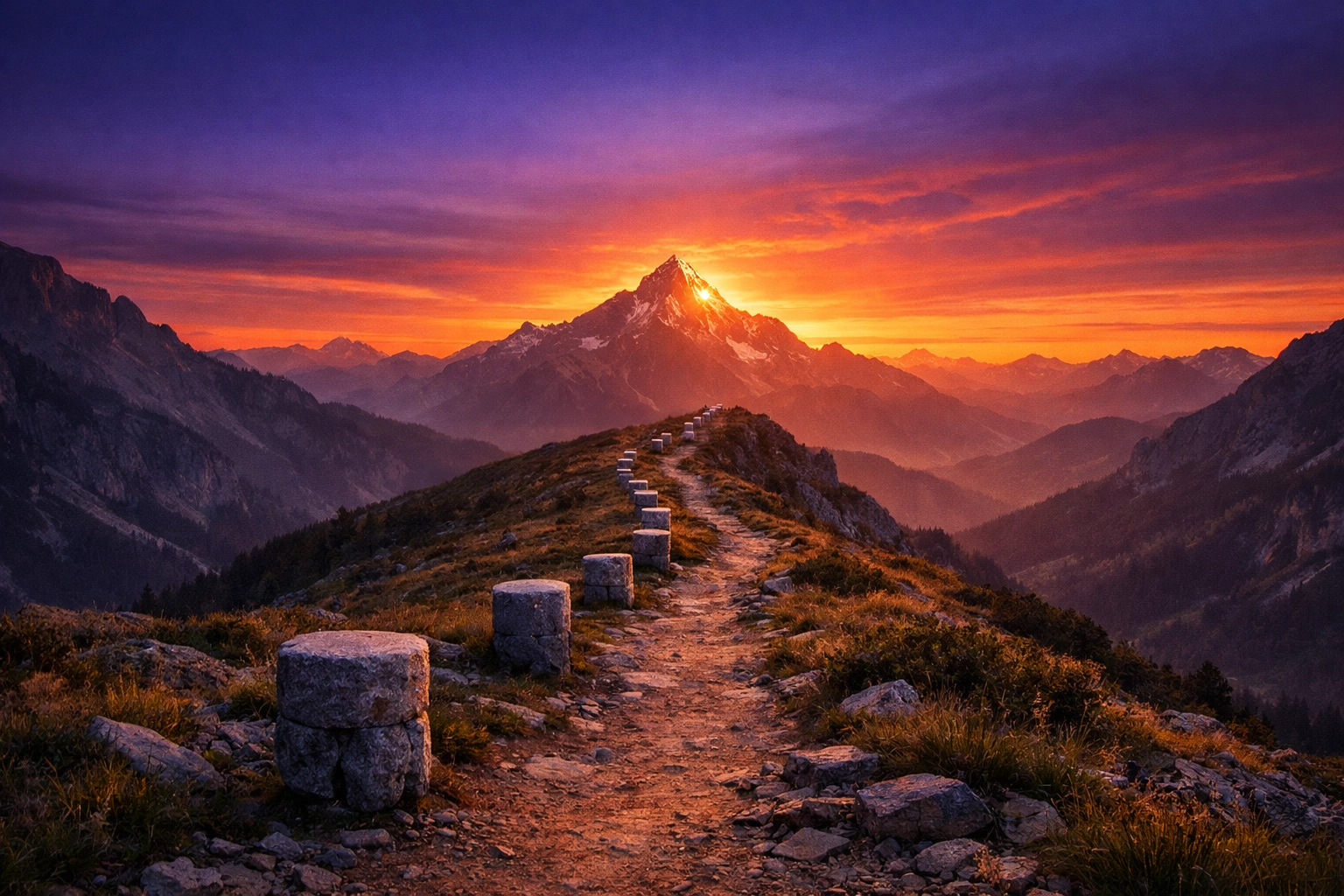 A winding mountain path with markers representing the steady journey of dollar-cost averaging in long-term investing.