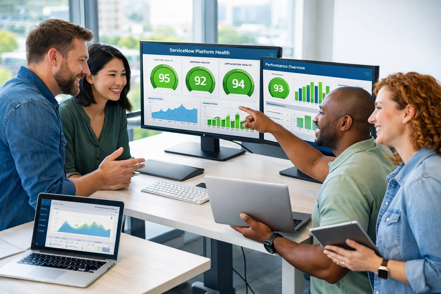 IT professionals reviewing ServiceNow platform health scores and performance metrics
