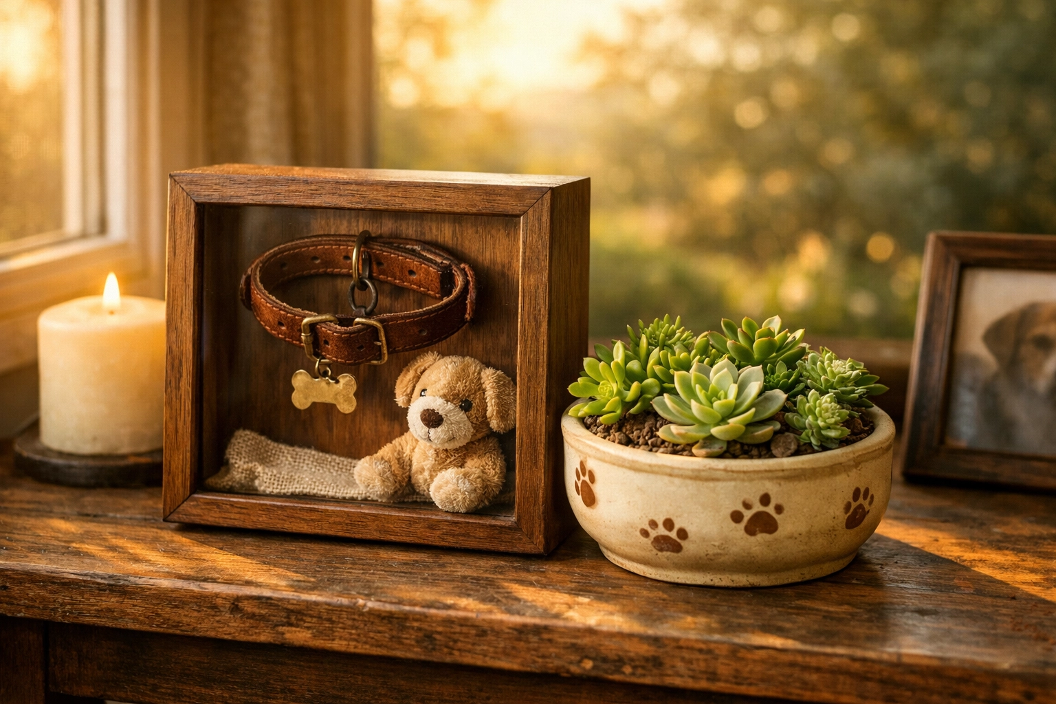 Pet memorial ideas showing a shadow box with a pet collar and a creative succulent planter bowl.