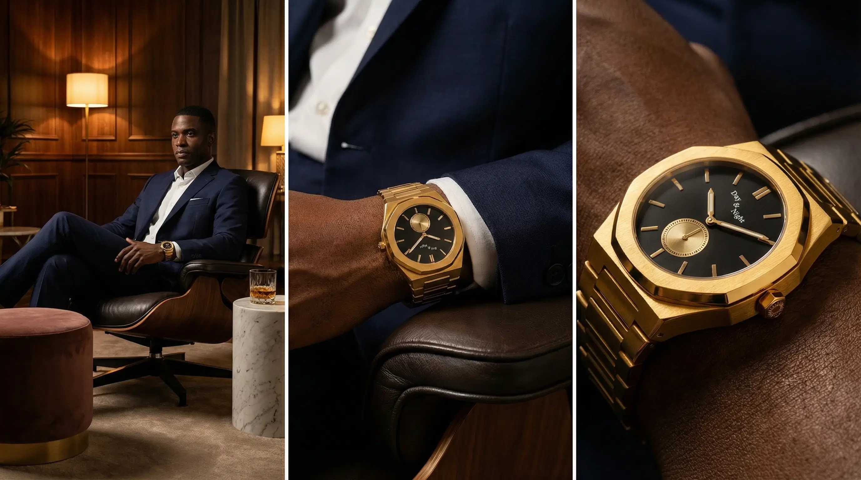 Gold automatic watch in a lounge setting