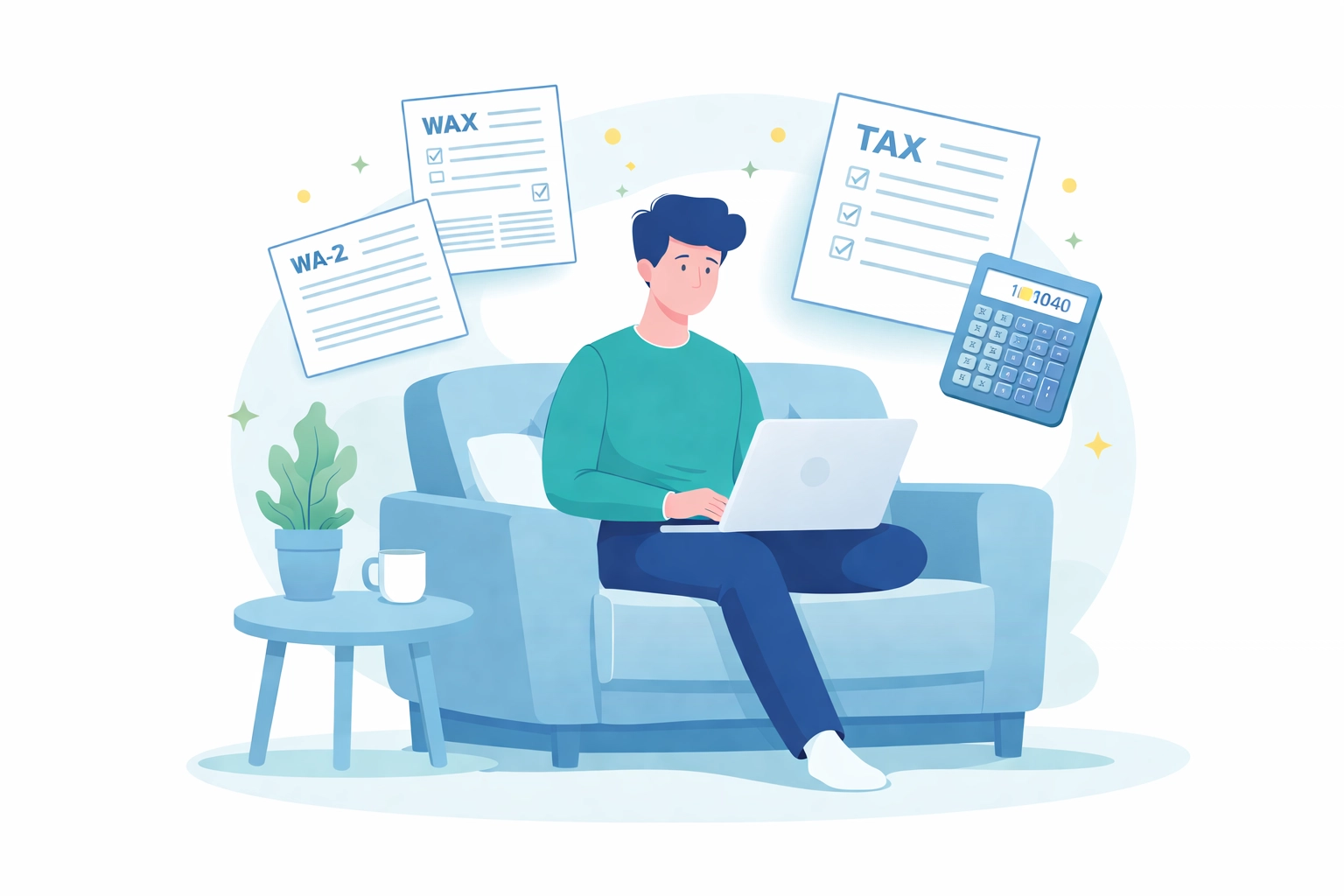 Person using laptop at home surrounded by tax forms and calculator, representing 2026 DIY tax filing changes in New Haven