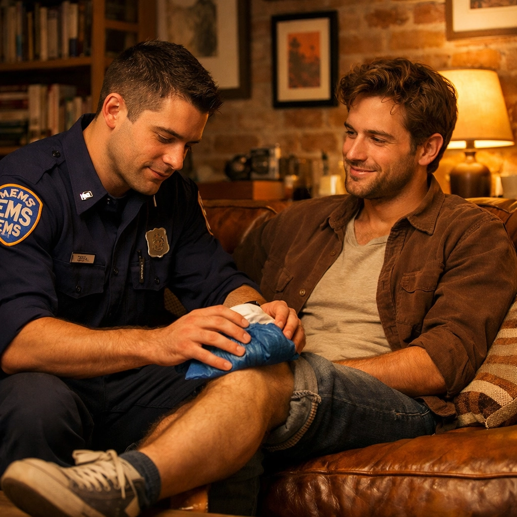 Two men sharing intimate moment as EMT applies ice pack to injury - MM romance connection