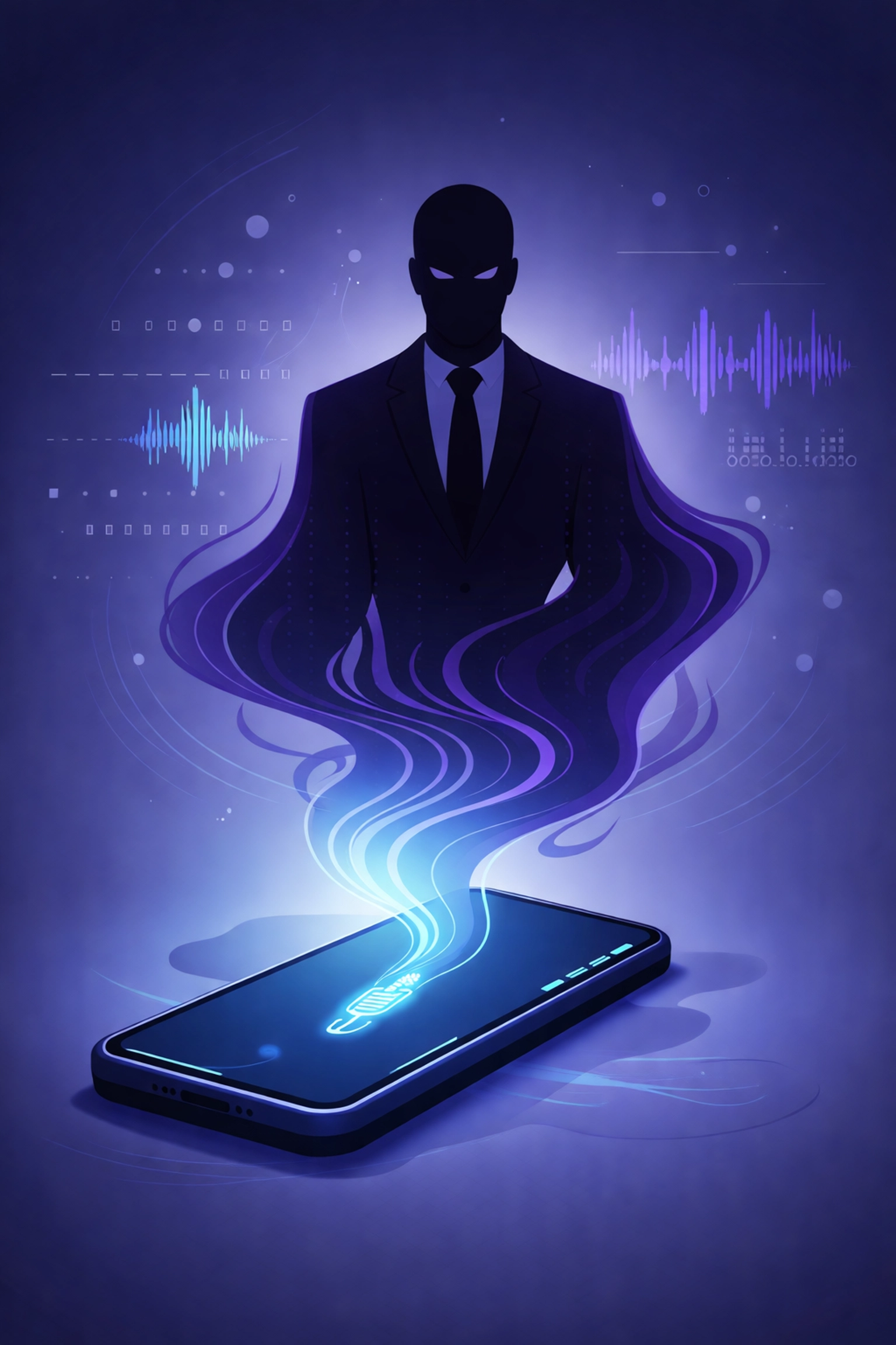 Illustration of a smartphone emitting sound waves forming a sinister business figure, symbolizing AI voice cloning threats for Venice FL businesses.