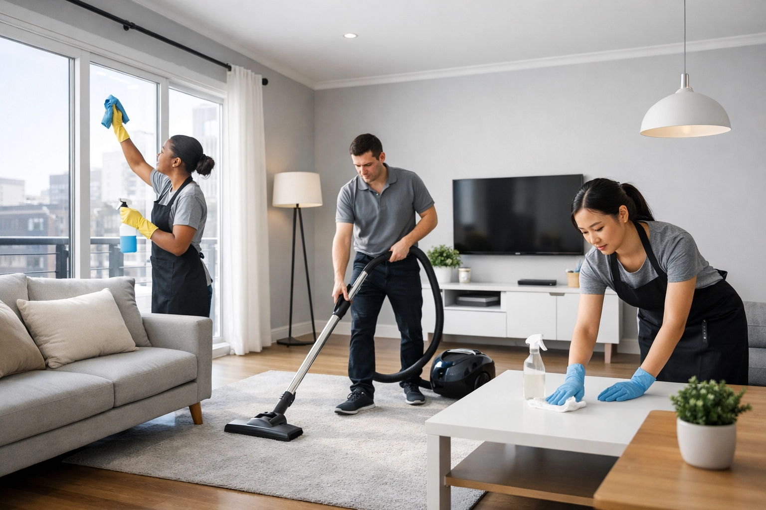Professional cleaning crew working simultaneously in apartment during turnover process