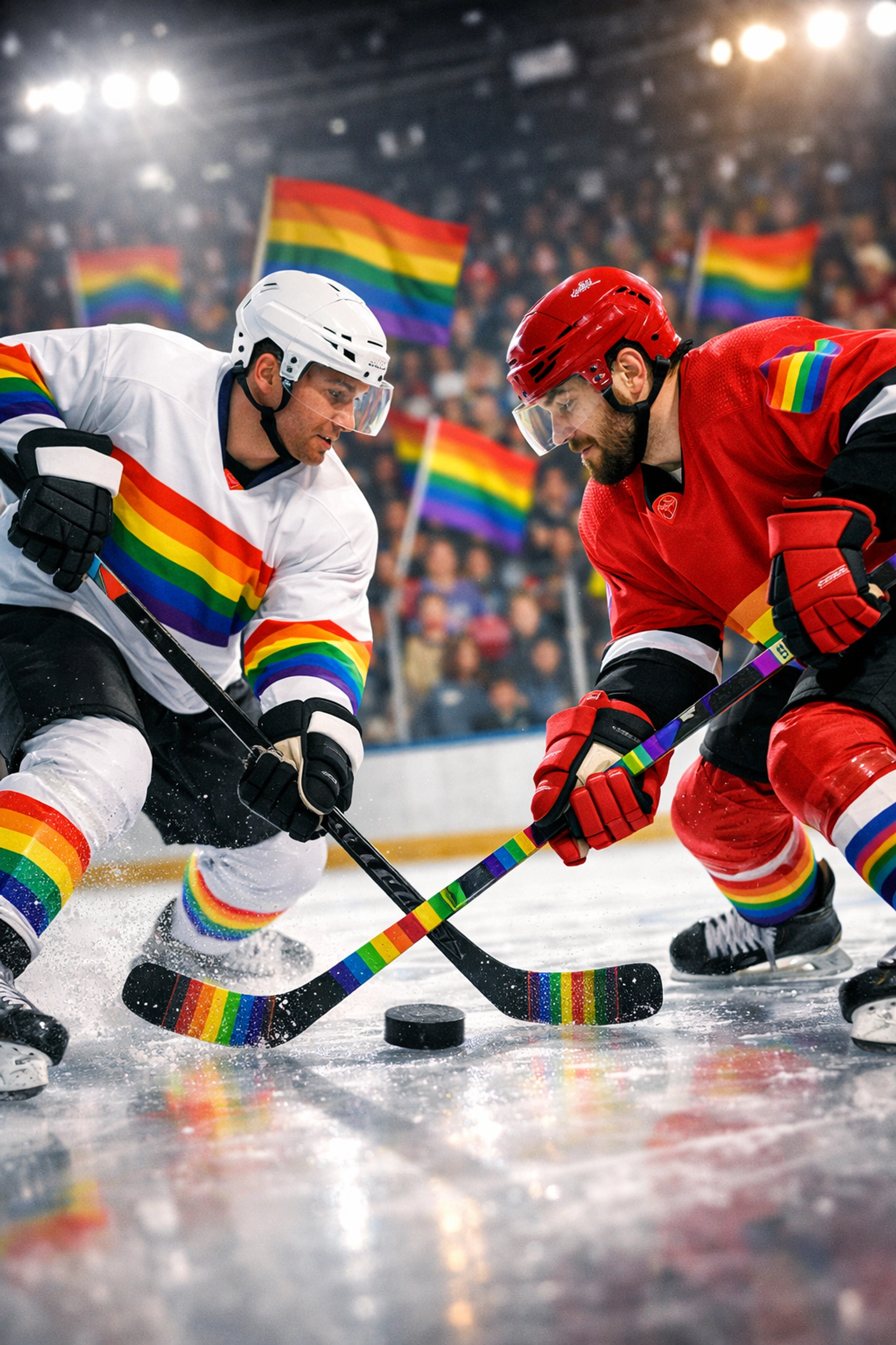 Pride hockey game with rainbow tape and LGBTQ+ flags celebrating inclusive sports culture