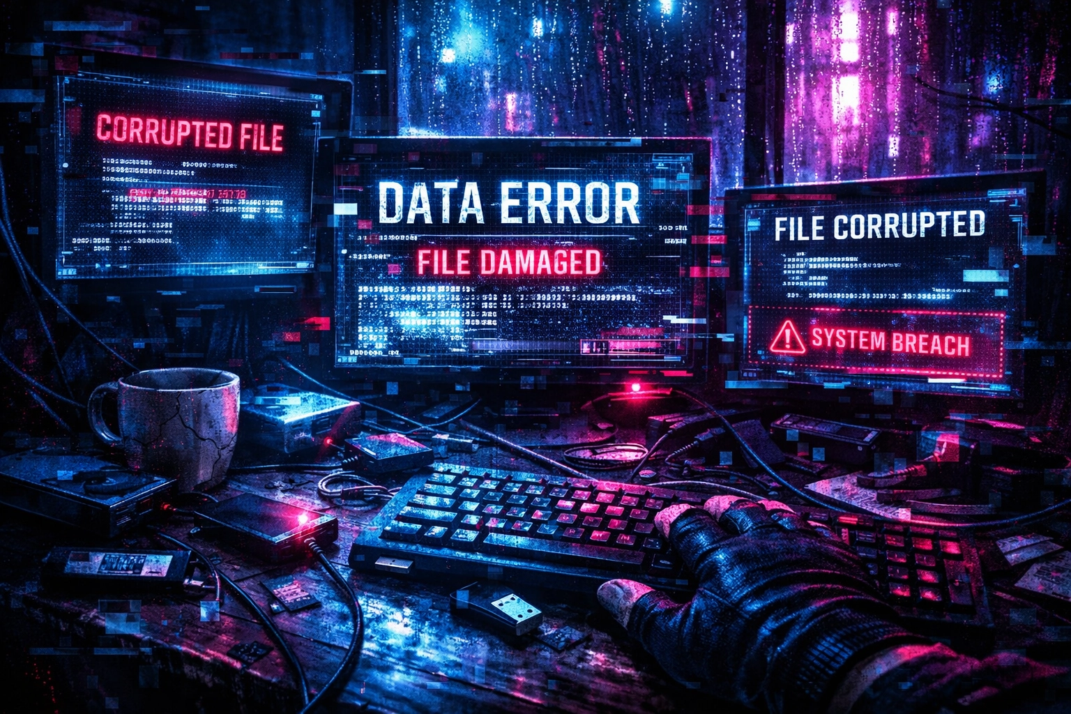Data-thief's cyberpunk workstation with corrupted files on holographic screens in neon light