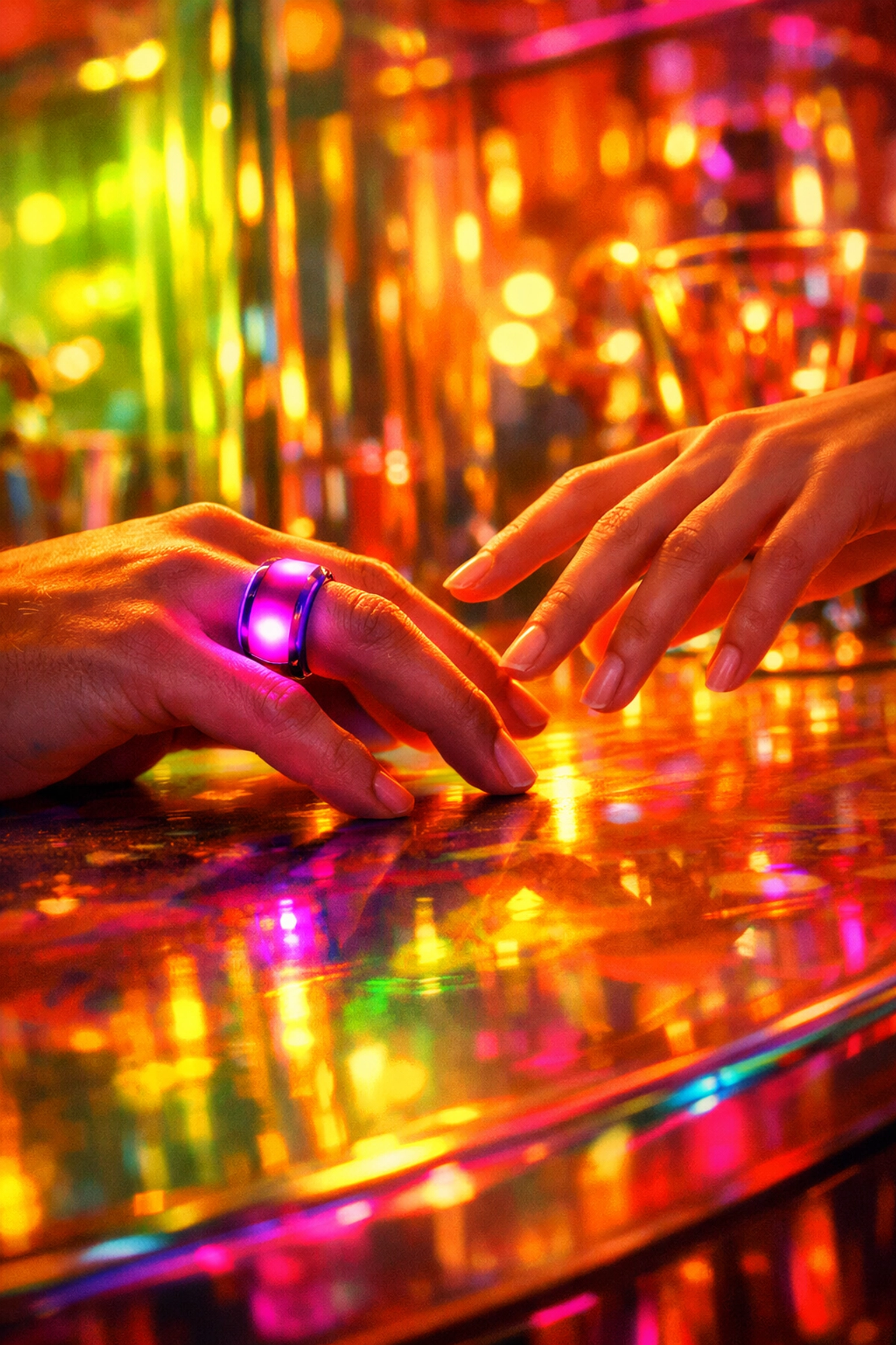 Close-up of hands nearly touching on an iridescent table showing chemistry during a first date.