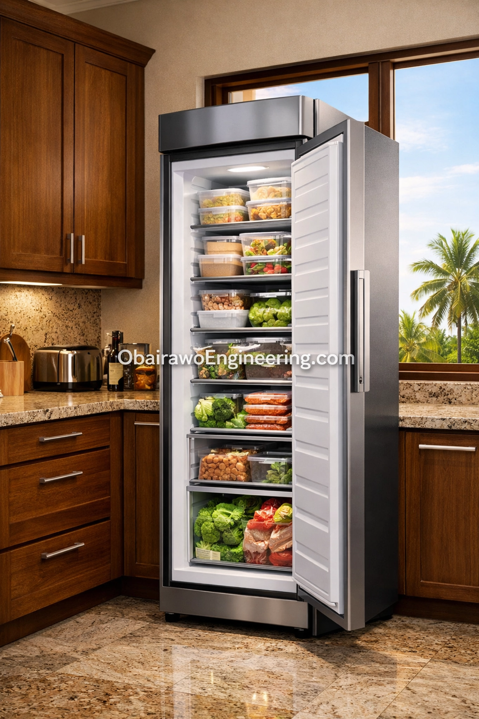 Obairawo self-powering standing freezer in a modern kitchen, ensuring reliable fresh food storage.
