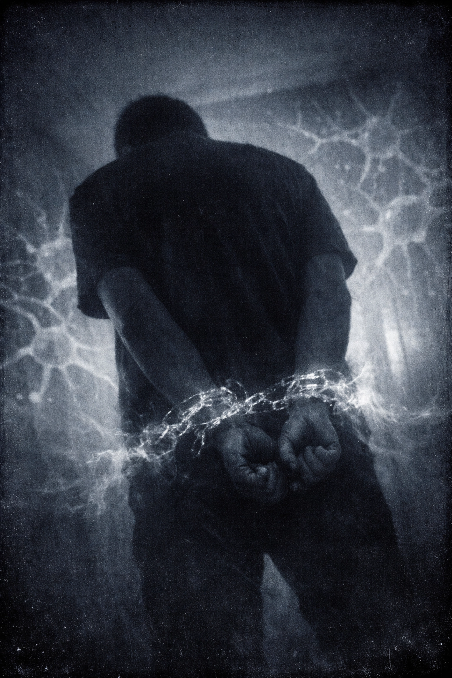 Silhouette einer Person gefesselt durch unsichtbare Ketten – Symbol für psychischen Zwang und Abhängigkeit