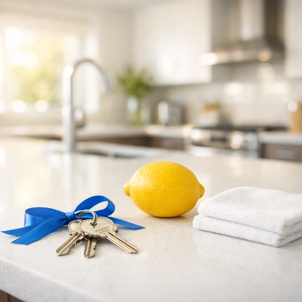 Apartment keys on a clean kitchen island symbolizing a successful Boston move-in cleaning service.