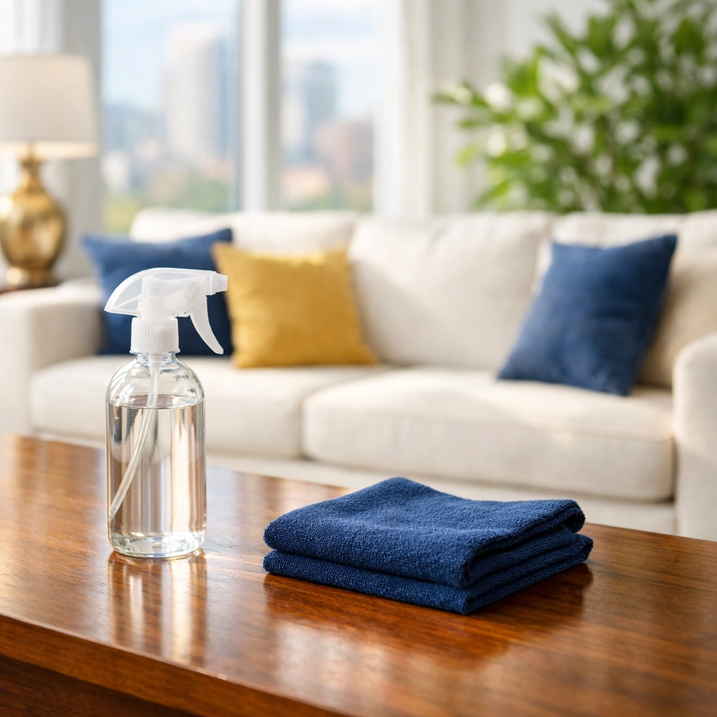 Sun-drenched Boston living room featuring eco-friendly post-construction cleaning supplies on a coffee table.