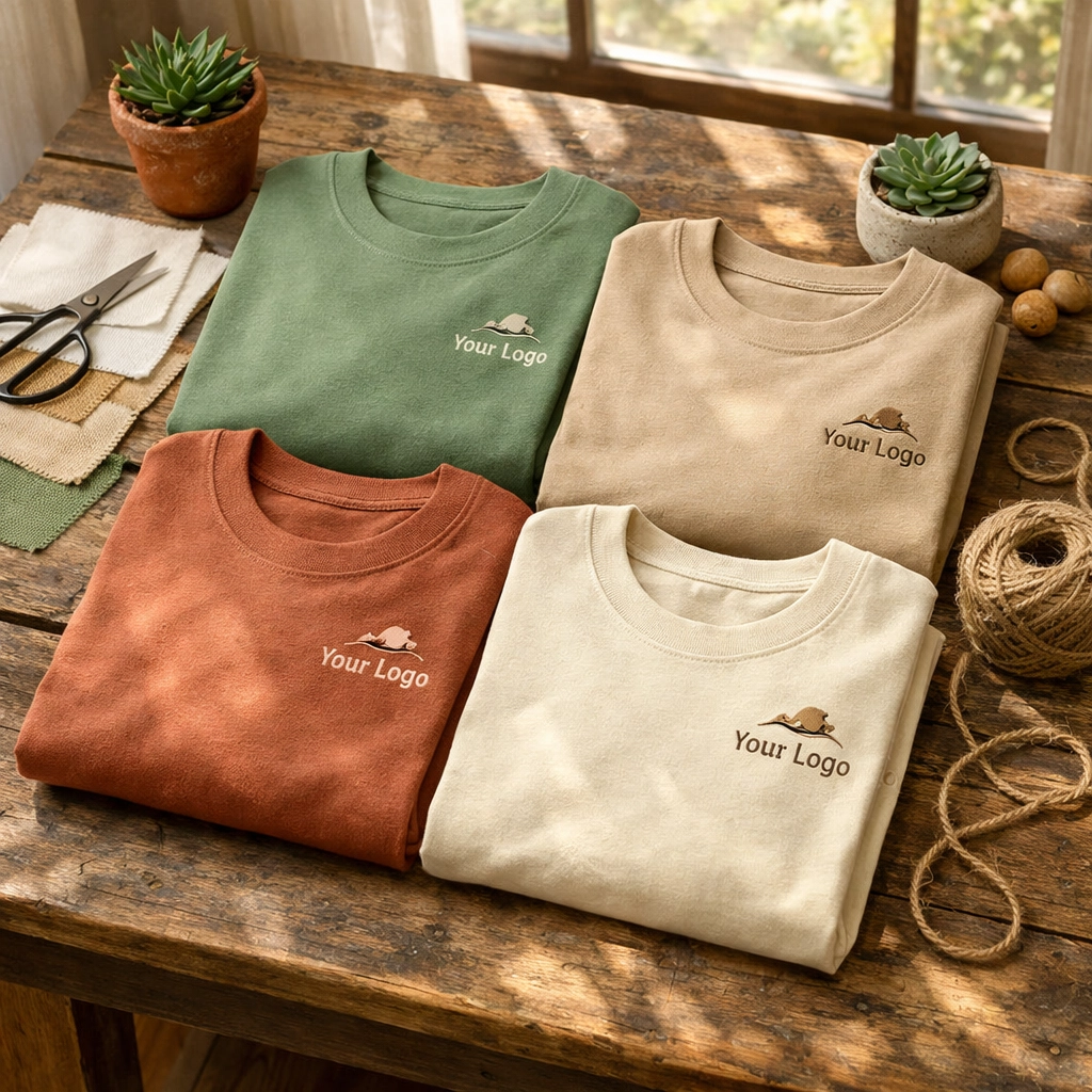 Custom t-shirts in sustainable earthy tones with organic cotton and natural materials