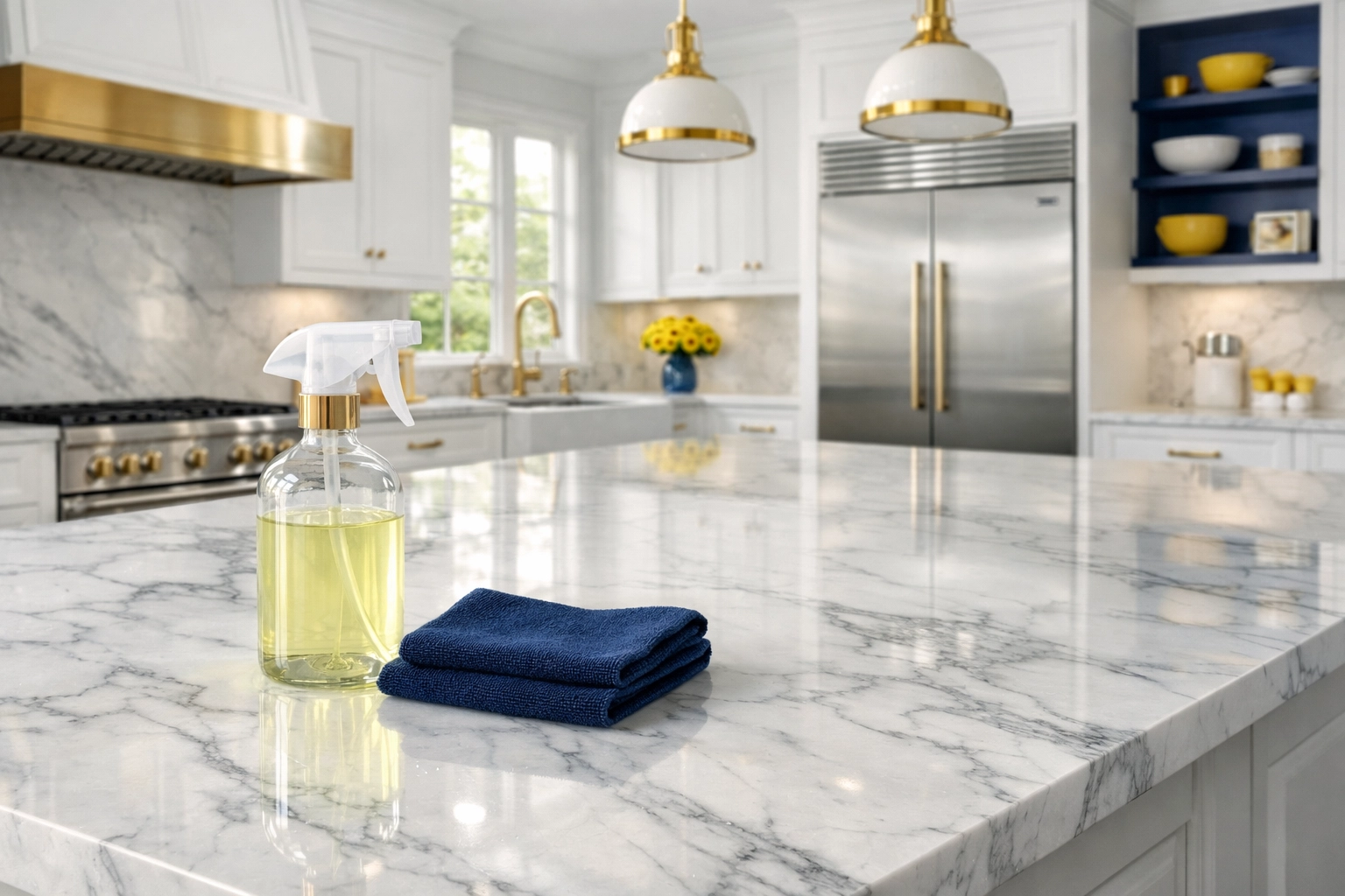 Luxury Groton kitchen island with marble surfaces being maintained using eco-friendly Groton estate cleaning methods.