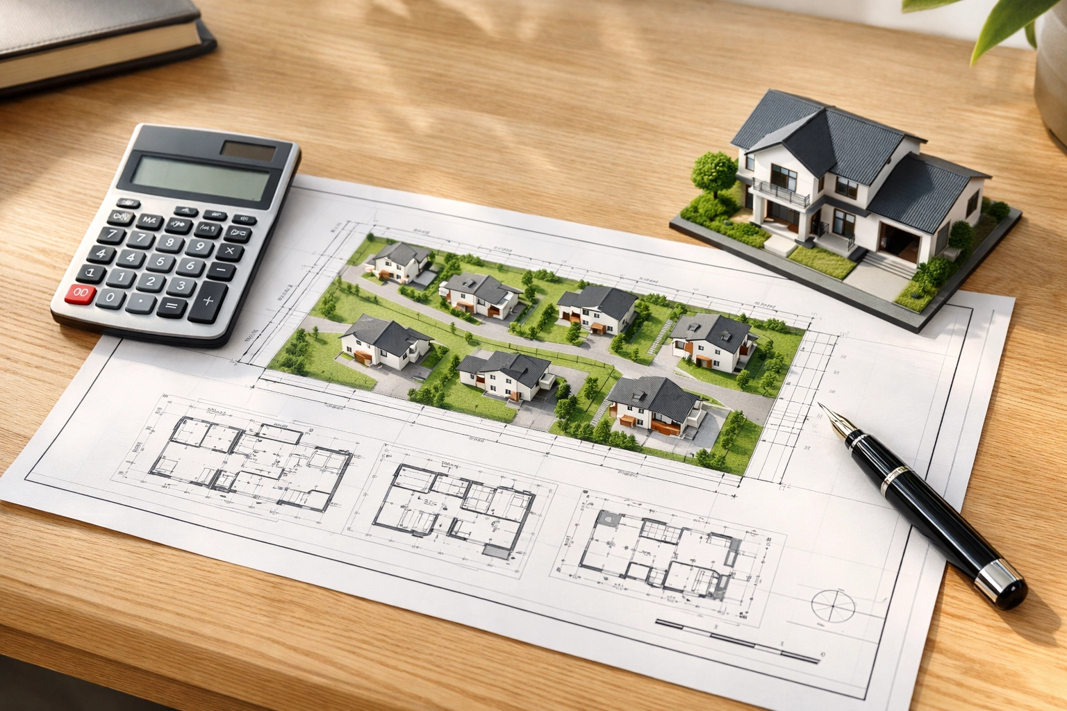 Architectural blueprints and a house model sitting on a desk for property development planning.