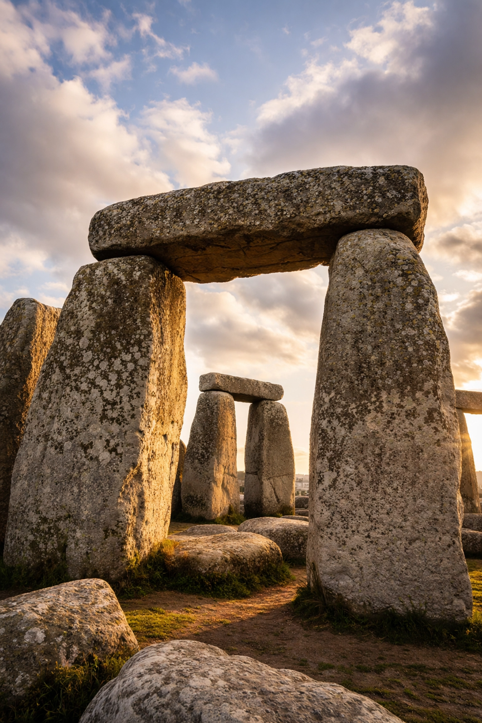 Massive Stonehenge sarsen stones towering under dramatic cloudy skies, highlighting ancient construction.