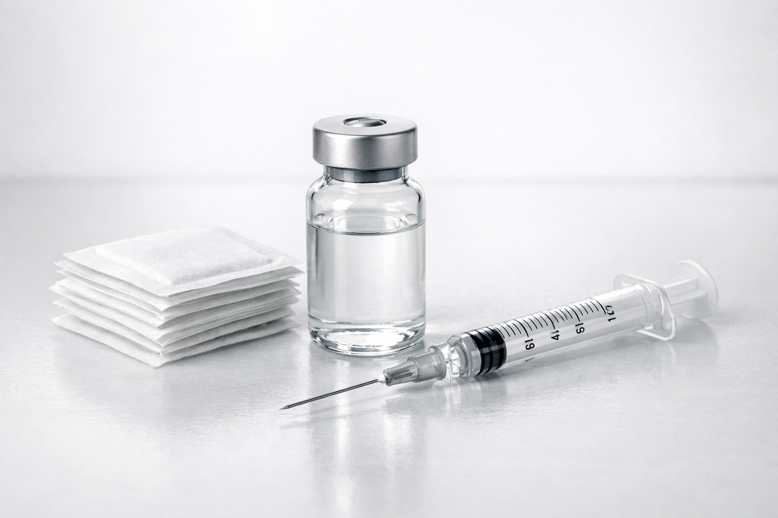 Sterile research environment showing alcohol swabs, a syringe, and a sealed peptide vial on a clean surface.